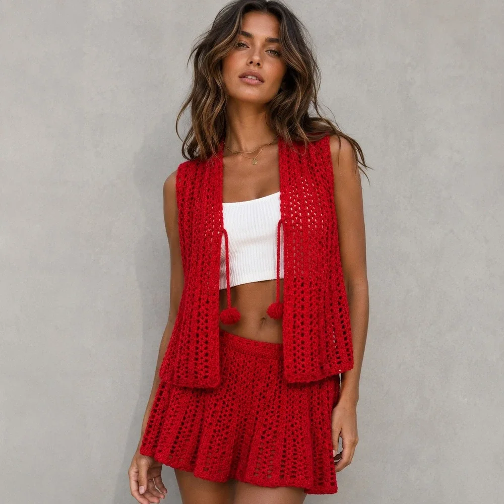 Red Crochet 2 Piece Set Vest and Mini Skirt Boho Festival Summer Outfit Small